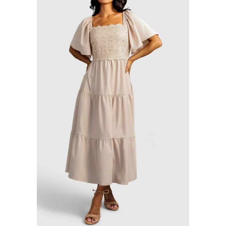 New Baltic Born Fauna Lace Top Dress Beige Crochet Tiered Midi Flutter Sleeve Xs